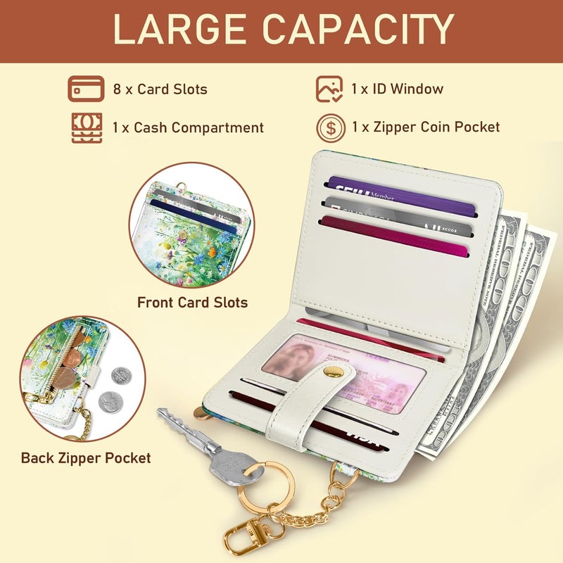 Jogjam Floral Green Rfid Ladies Wallet, Small Slim Thin Compact Credit Card Women Wallet, Spring Flowers PU Leather Bifold Cash Zipper Coin Pocket ID Window for Female - Image 4